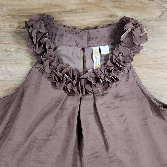 🔹️Anthropologie Adiva Brown Ruffled Rosette Neck Sleeveless Top Small - Picture 3 of 10